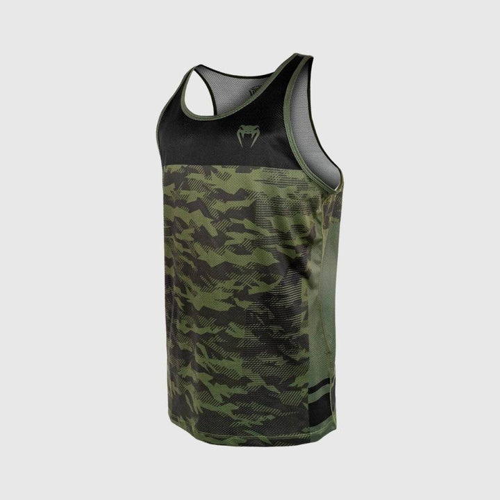 Side-angled view of the green camo Venum tank top showing the camo wrap and side stitching detail.