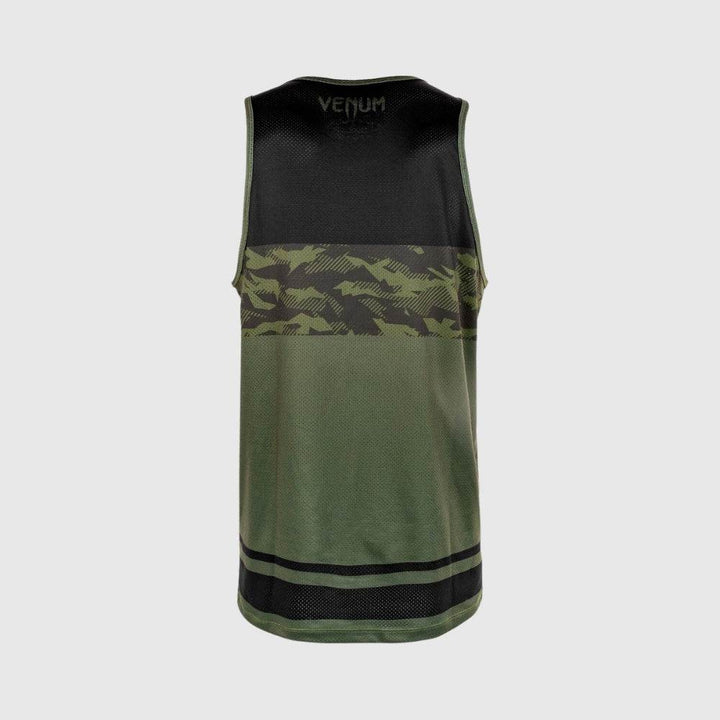 Back view of the tank top showing the extended mesh panel in black and lower camo wrap with dual stripe detail.