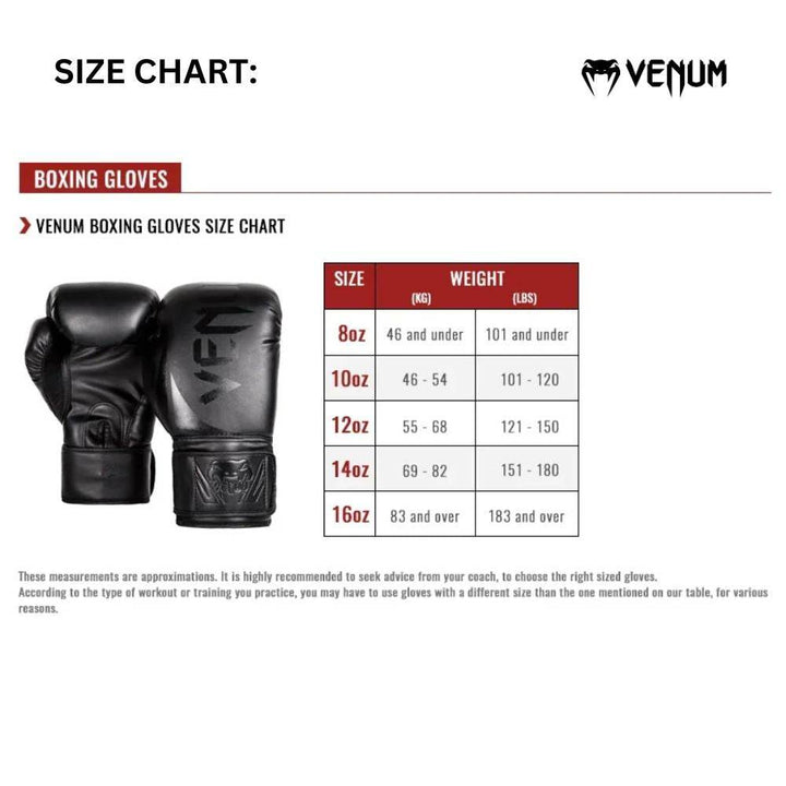 Venum boxing gloves size chart listing glove sizes from 8oz to 16oz, each associated with recommended user body weight ranges in kilograms and pounds, with usage advice for optimal fit based on training type.