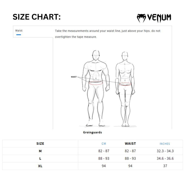 Size chart for Venum groinguards, displaying waist measurements in cm and inches for sizes M, L, and XL, along with an anatomical diagram for measurement reference.