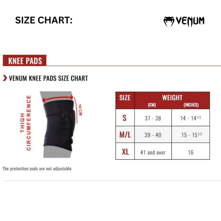 Venum knee pad size chart showing sizing based on thigh circumference and weight: S (37–38 cm), M/L (39–40 cm), XL (41 cm and over).