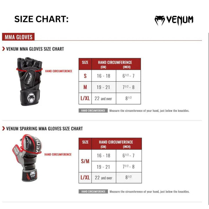 Venum MMA glove size chart with measurements in cm/inch for sizes S, M, L/XL based on hand circumference just below knuckles.