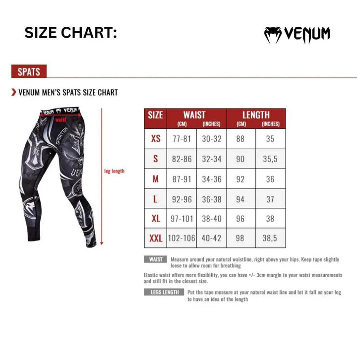 Venum men’s spats size chart graphic showing waist and leg length measurements in cm and inches for sizes XS to XXL, with a diagram indicating where to measure waist and leg length.