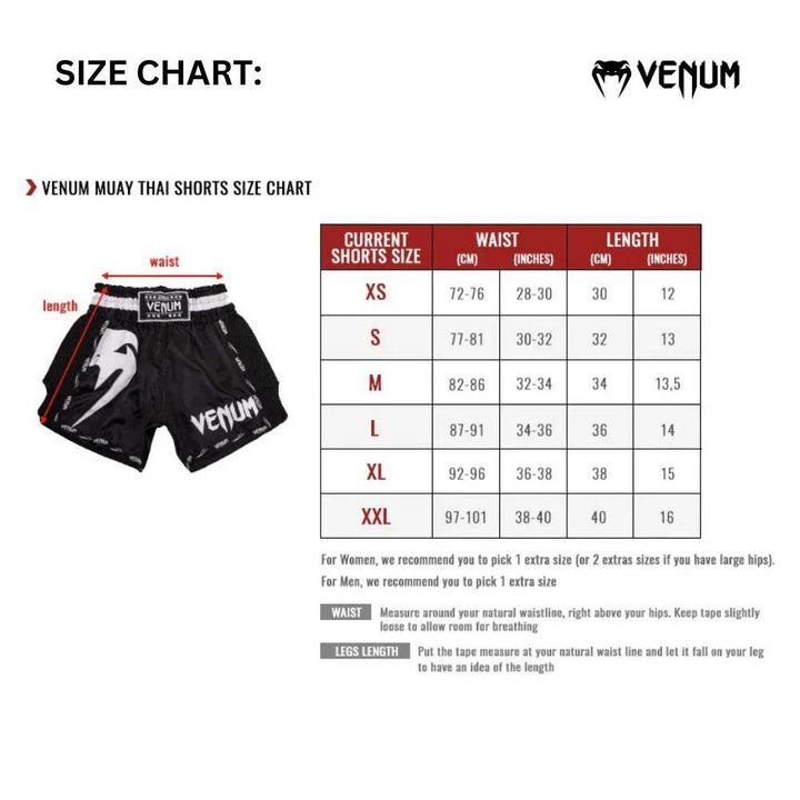 Venum Muay Thai shorts size chart for men and women with waist and length in cm/inches.