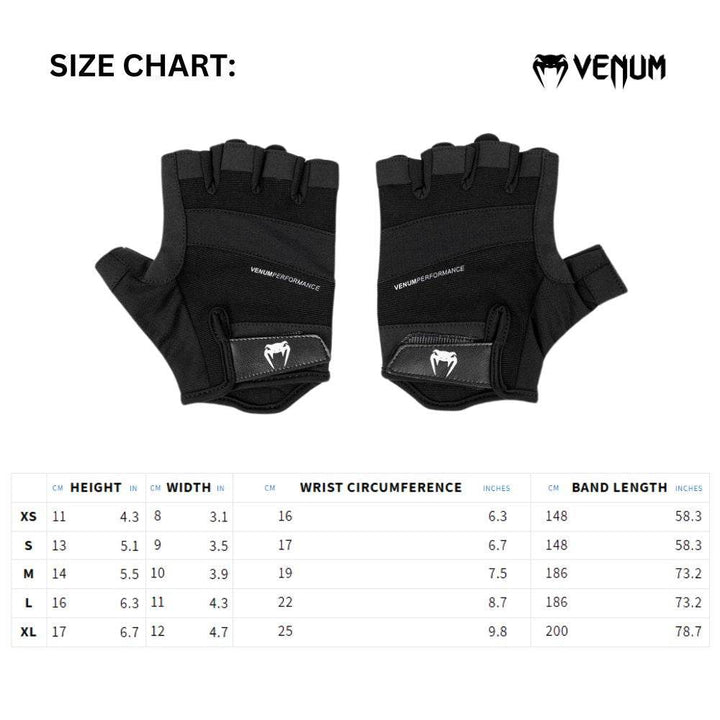 Venum glove size chart with measurements in centimeters and inches for height, width, wrist circumference, and band length across XS to XL sizes. Includes top-view image of gloves with brand logos and black background.