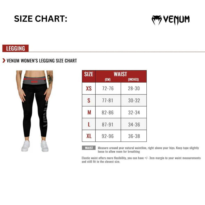 Venum Women's Legging Size Chart displaying sizes XS to XL with corresponding waist measurements in centimeters and inches. A diagram of a woman wearing Venum leggings is shown on the left side of the chart. Instructional text below the chart advises how to measure the waist above the hips with a measuring tape kept slightly loose for breathing. The Venum logo is displayed in the top right corner.