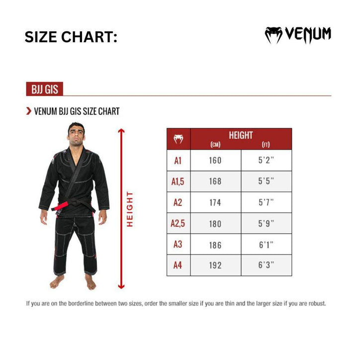 Venum BJJ Gi size chart showing recommended sizes based on height. The chart includes sizes A1 to A4 with corresponding heights ranging from 160 cm (5’2”) to 192 cm (6’3”). A male model in a black gi with a red belt demonstrates where to measure height. A note at the bottom advises choosing a smaller size if thin and a larger size if robust.