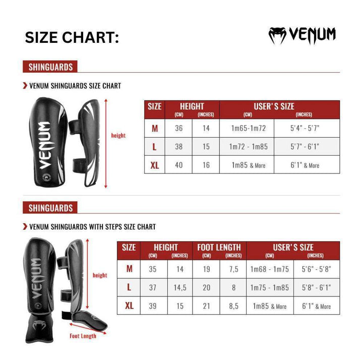 Size chart for Venum shin guards displaying sizing in centimeters and inches for medium, large, and extra-large, along with corresponding user height ranges and foot lengths for both standard and step-design shin guards.