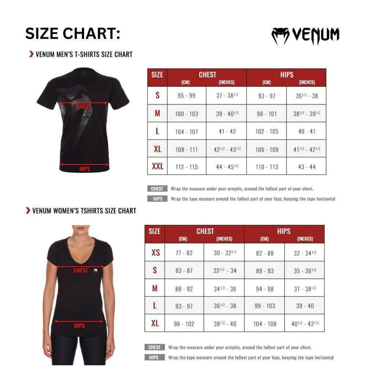 Combined size chart showing Venum men's and women's t-shirt sizing with chest and hip measurement visuals.