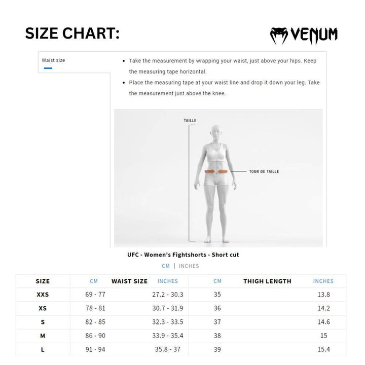 Size chart graphic for UFC Women's Fightshorts (short cut) with instructions on how to measure waist and thigh length. Includes a chart with sizes XXS to L, displaying waist and thigh measurements in cm and inches.