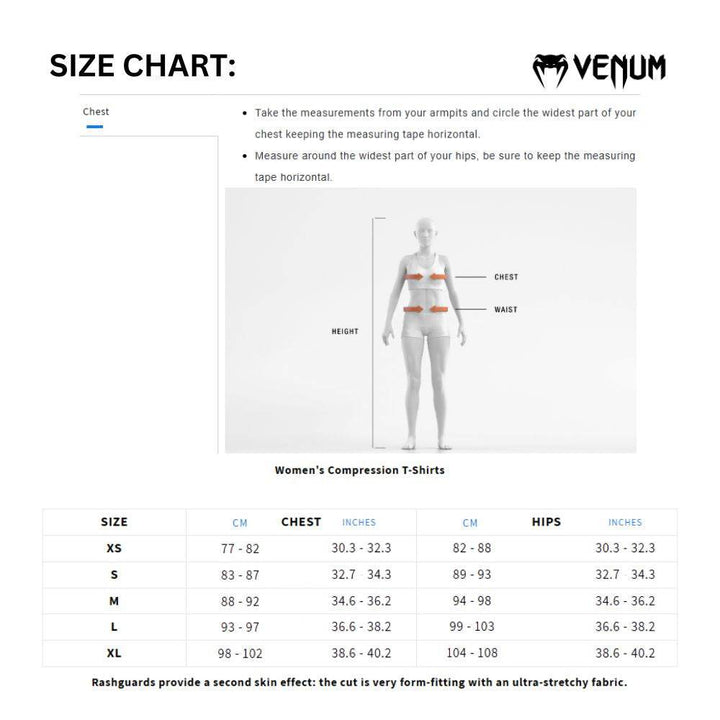 Women's Venum compression rash guard size chart showing chest and hips in cm/in